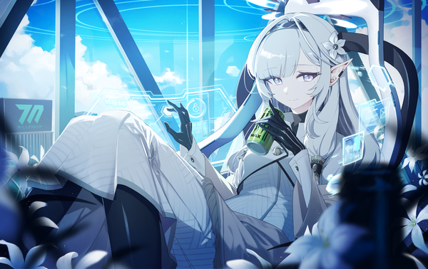 Anime picture 5000x3153 with blue archive monster energy himari (blue archive) penguin say single long hair looking at viewer fringe highres absurdres sky silver hair cloud (clouds) pointy ears reclining silver eyes girl window hair tubes can