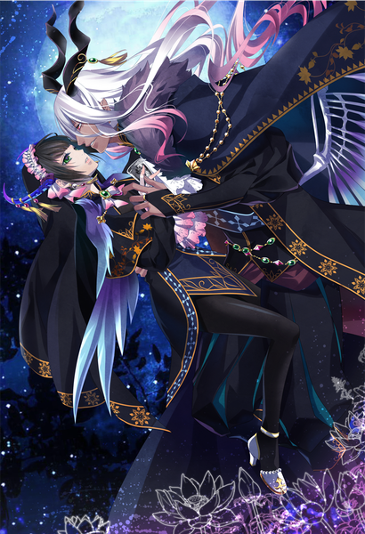 Anime picture 792x1158 with maou to hanayome jeremias iv melellem kuramubon wa shinda yo long hair tall image black hair red eyes green eyes pink hair bent knee (knees) white hair profile horn (horns) night leaning leaning forward fur trim hug dark skin