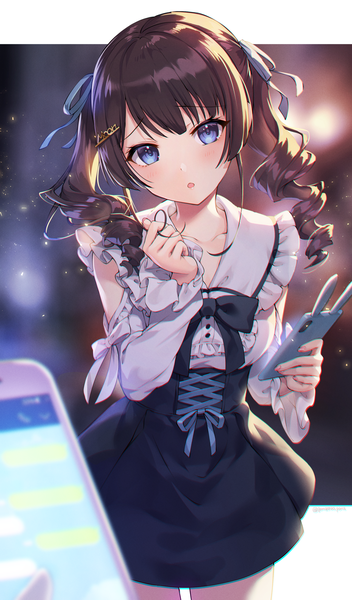 Anime picture 1500x2560 with virtual youtuber nijisanji tsukino mito gomashio ponz single long hair tall image looking at viewer blush fringe open mouth blue eyes brown hair standing twintails holding blunt bangs head tilt fingernails :o