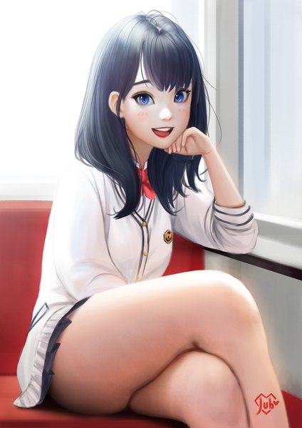 Anime picture 1920x2716 with gridman universe ssss.gridman studio trigger takarada rikka jubi (regiana) single long hair tall image looking at viewer fringe highres open mouth blue eyes light erotic black hair smile sitting signed crossed legs chin rest