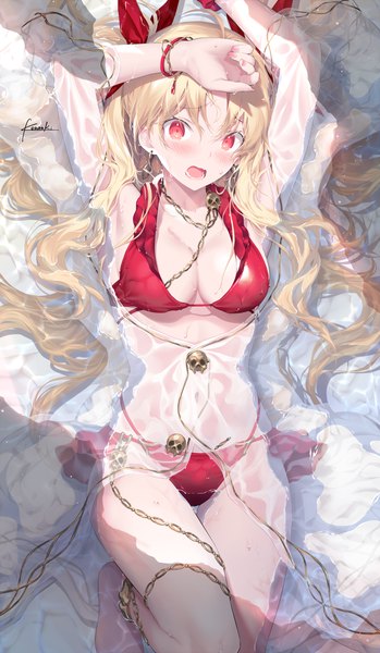 Anime picture 750x1287 with fate (series) fate/grand order ereshkigal (fate) kousaki rui single long hair tall image looking at viewer blush fringe breasts open mouth light erotic blonde hair hair between eyes red eyes large breasts twintails signed bent knee (knees)