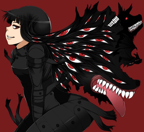 Anime picture 1300x1200 with hellsing alucard (hellsing) single long hair looking at viewer black hair red eyes light smile teeth fang (fangs) red background arched back clenched teeth sharp teeth eyes long tongue girl animal clothes monster