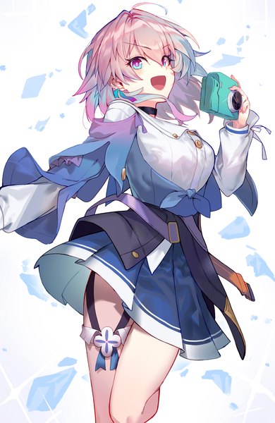 Anime picture 2921x4493 with honkai: star rail honkai (series) march 7th (honkai: star rail) tsukudani (ore624) single tall image looking at viewer fringe highres short hair open mouth hair between eyes white background pink hair :d pleated skirt multicolored eyes girl skirt blue skirt