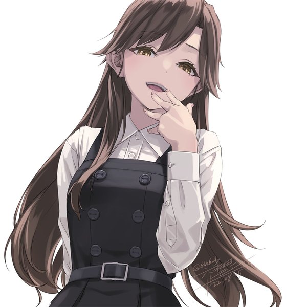 Anime picture 1200x1200 with kantai collection arashio destroyer rokuwata tomoe single long hair looking at viewer blush fringe open mouth simple background brown hair white background brown eyes signed upper body long sleeves :d arm up teeth from below