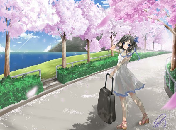 Anime picture 1120x830 with original ifnil single looking at viewer blush short hair blue eyes sky cloud (clouds) looking back barefoot cherry blossoms turning head adjusting hair girl dress hair ornament ribbon (ribbons) plant (plants) hair ribbon