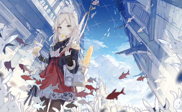 Anime picture 1390x859 with original asuka (louyun) single long hair blush wide image standing holding green eyes sky cloud (clouds) grey hair open jacket from below mouth hold animal on head girl dress hair ornament flower (flowers)