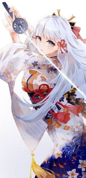Anime picture 3575x7335 with genshin impact kamisato ayaka swkl:d single long hair tall image blush fringe highres blue eyes simple background standing white background holding signed payot absurdres silver hair blunt bangs traditional clothes