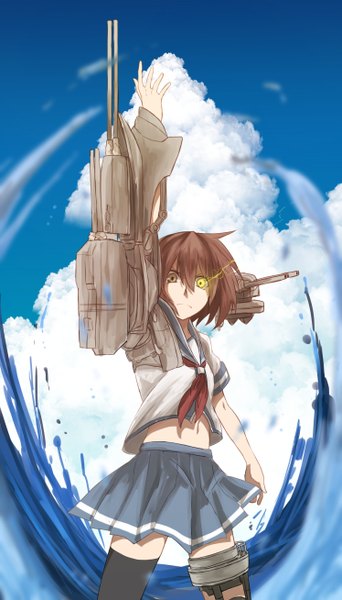 Anime picture 747x1308 with kantai collection furutaka heavy cruiser tsukamoto minori single tall image looking at viewer short hair brown hair sky cloud (clouds) heterochromia glowing glowing eye (eyes) fighting stance girl thighhighs uniform weapon black thighhighs water