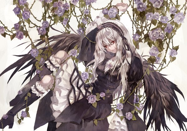 イラスト 1000x704 と ローゼンメイデン 水銀燈 月岡月穂 ソロ 長髪 赤い目 white hair lolita fashion ゴスロリ 女の子 ドレス 花 翼 ブーツ 縁飾り ヘアバンド