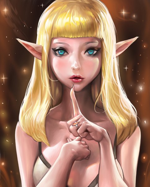 Anime picture 800x994 with original sinobilante single long hair tall image fringe blue eyes light erotic blonde hair upper body blunt bangs nail polish fingernails pointy ears sparkle lipstick hand on chest finger to mouth elf red lipstick