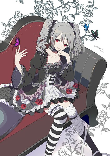Anime picture 705x1000 with idolmaster idolmaster cinderella girls kanzaki ranko harano single long hair tall image fringe breasts smile red eyes white background sitting twintails looking away cleavage long sleeves grey hair wide sleeves drill hair