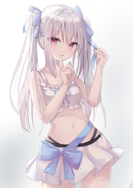 Anime-Bild 1062x1505 mit original touhourh single long hair tall image looking at viewer blush fringe simple background hair between eyes standing white background twintails bare shoulders payot silver hair head tilt pleated skirt pink eyes midriff