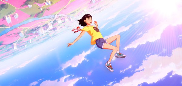 Anime picture 1643x781 with birthday wonderland akane (birthday wonderland) pipo ilya kuvshinov blush short hair open mouth brown hair wide image brown eyes looking away sky cloud (clouds) full body bent knee (knees) sunlight realistic city cityscape upside down