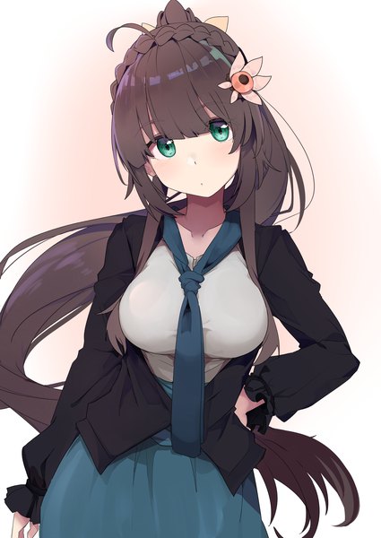 Anime picture 2507x3541 with original kazenoko single long hair tall image looking at viewer blush fringe highres breasts simple background brown hair large breasts standing green eyes braid (braids) long sleeves head tilt hair flower hand on hip