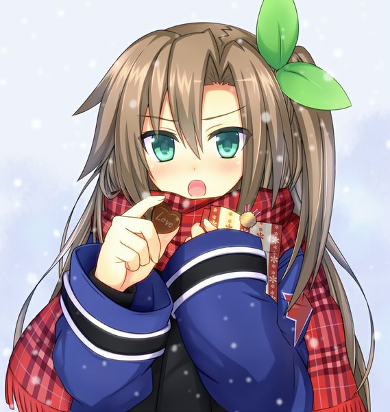 Anime picture 948x1000 with choujigen game neptune hyperdimension neptunia mk2 if (choujigen game neptune) fuji kakei single long hair tall image looking at viewer blush fringe open mouth hair between eyes brown hair holding upper body long sleeves aqua eyes one side up snowing valentine