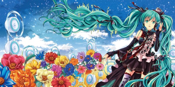 Anime picture 1200x603 with vocaloid hatsune miku iroha (shiki) single wide image twintails very long hair aqua eyes aqua hair girl thighhighs dress flower (flowers) bow hair bow hat detached sleeves headphones