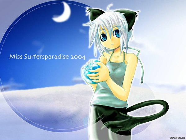 Anime picture 1024x768 with miss surfersparadise tagme (artist) single looking at viewer fringe blue eyes hair between eyes standing holding animal ears ahoge white hair tail animal tail 2004 girl pants camisole