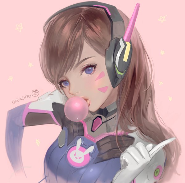 Anime picture 900x890 with overwatch blizzard entertainment d.va (overwatch) dadachyo single long hair fringe simple background brown hair purple eyes signed head tilt hand on hip facial mark portrait pink background whisker markings pointing face paint alternate eye color