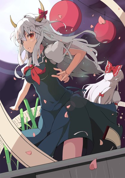 Anime picture 1000x1429 with touhou fujiwara no mokou kamishirasawa keine evers (artist) long hair tall image open mouth red eyes multiple girls white hair horn (horns) girl dress bow 2 girls plant (plants) hair bow petals lantern bamboo