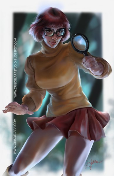 Anime picture 792x1224 with scooby-doo velma dinkley (scooby-doo) cris delara tall image short hair breasts red hair lips orange eyes girl skirt glasses sweater