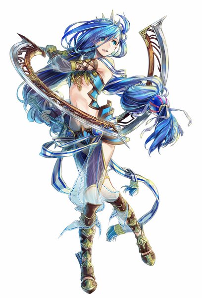 Anime picture 871x1280 with ys ys viii lacrimosa of dana falcom (studio) dana (ys) single tall image fringe open mouth blue eyes light erotic simple background smile white background twintails holding blue hair looking away full body very long hair hair over one eye