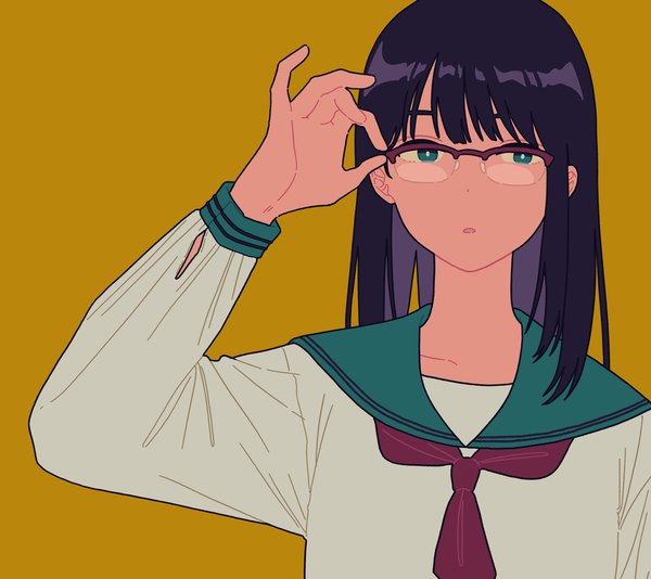Anime picture 1998x1779 with original shi oo single long hair looking at viewer highres black hair simple background upper body aqua eyes yellow background adjusting glasses girl uniform glasses serafuku