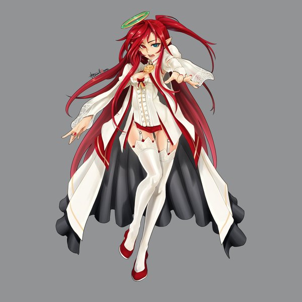 Anime picture 2000x2000 with dungeon and fighter caooll (co-ohol) single looking at viewer highres open mouth light erotic simple background red hair very long hair pointy ears grey background heterochromia outstretched arm girl thighhighs dress earrings white thighhighs garter straps