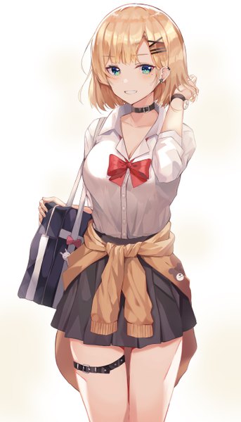 Anime picture 2970x5190 with original blka single tall image looking at viewer blush fringe highres short hair breasts simple background blonde hair smile large breasts white background holding cleavage blunt bangs long sleeves pleated skirt