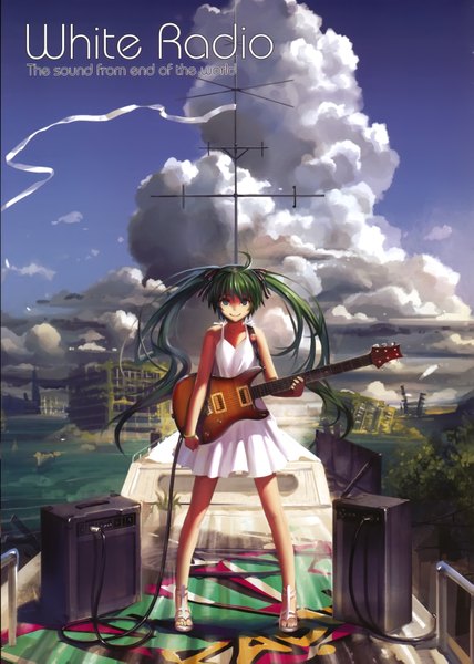 Anime picture 2497x3501 with vocaloid hatsune miku alphonse (white datura) tall image highres smile twintails sky cloud (clouds) inscription ruins girl dress bracelet sundress wire (wires) guitar speakers