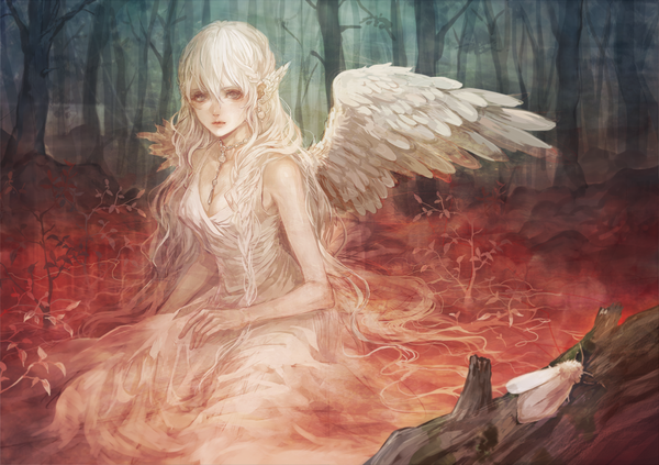 Anime picture 1000x706 with original senano-yu single looking at viewer sitting white hair very long hair grey eyes angel wings bare tree girl dress plant (plants) earrings wings tree (trees) white dress insect necklace forest