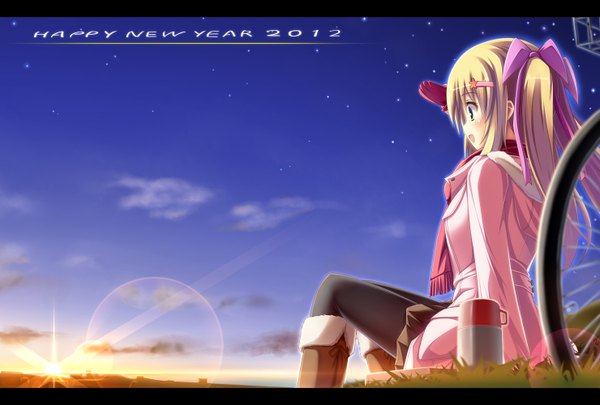 Anime picture 1480x1000 with original sena (ichiroku) ichiroku single long hair blush open mouth blonde hair sitting green eyes sky cloud (clouds) happy new year morning sunrise girl gloves hair ornament jacket hairclip