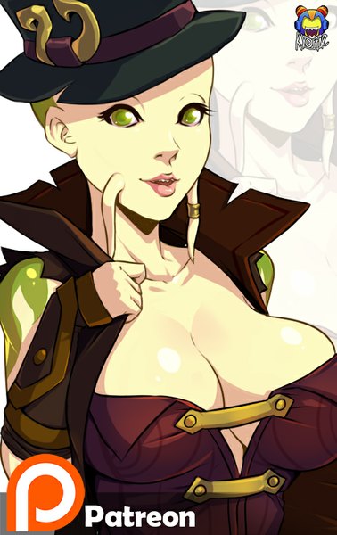 Anime picture 567x900 with league of legends tahm kench (league of legends) kyoffie12 single tall image looking at viewer short hair breasts light erotic large breasts green eyes green hair lips genderswap girl hat