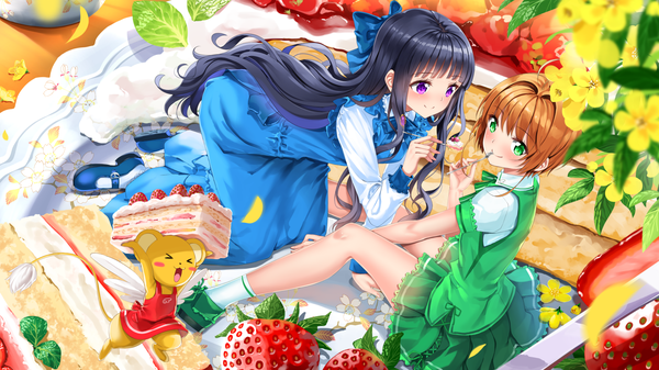 Anime picture 1920x1080 with card captor sakura clamp kinomoto sakura daidouji tomoyo kero (cardcaptor sakura) swordsouls long hair blush fringe highres short hair black hair smile brown hair wide image sitting purple eyes multiple girls holding green eyes