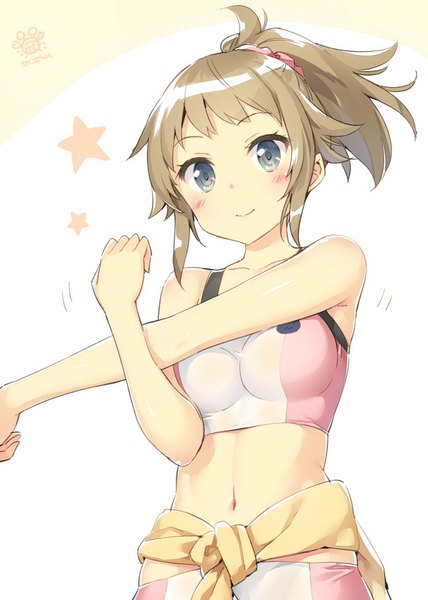 Anime picture 610x854 with mobile suit gundam gundam build fighters sunrise (studio) hoshino fumina kani biimu single tall image blush fringe short hair simple background smile brown hair white background bare shoulders ponytail grey eyes girl navel