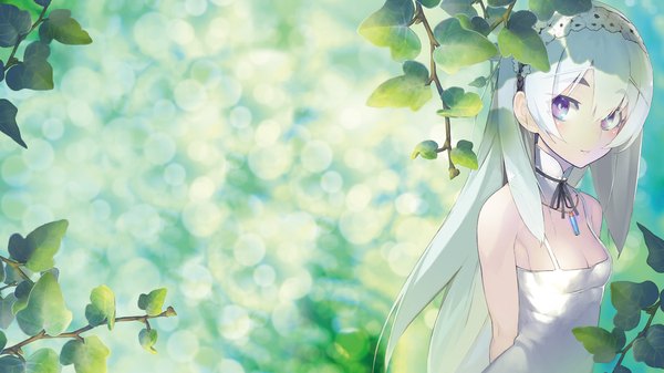 Anime picture 1920x1080 with hitsugi no chaika studio bones chaika trabant namaniku atk single long hair looking at viewer highres wide image purple eyes white hair official art wallpaper hands behind back girl dress white dress branch headscarf