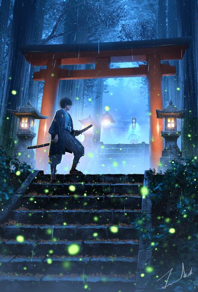 Anime picture 1018x1500 with original tamaki (tamaki illust) long hair tall image fringe short hair standing signed looking away bent knee (knees) outdoors traditional clothes japanese clothes night rain sheathed girl boy weapon plant (plants)