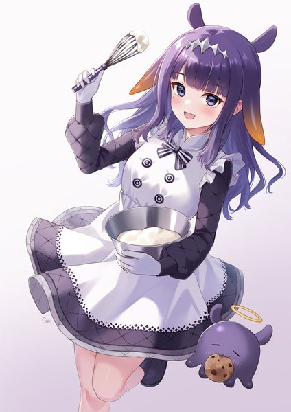 Anime picture 800x1131 with virtual youtuber hololive hololive english ninomae ina'nis takodachi (ninomae ina'nis) ninomae ina'nis (pastry chef) sebu illust single long hair tall image blush fringe open mouth simple background standing purple eyes animal ears purple hair blunt bangs :d