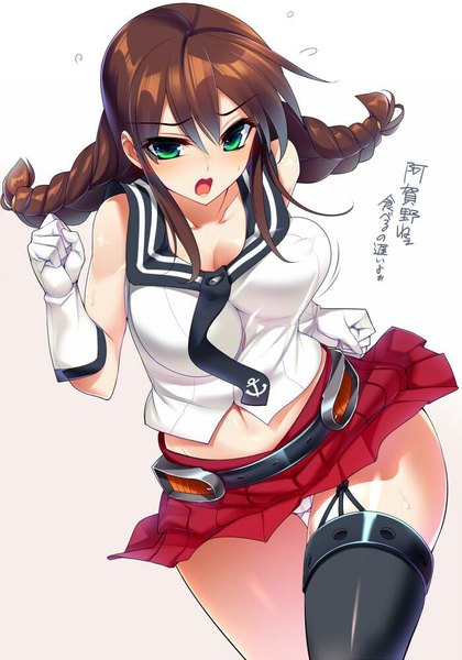 Anime picture 700x1000 with kantai collection noshiro light cruiser dragonmaterial single long hair tall image fringe open mouth light erotic brown hair bare shoulders green eyes braid (braids) pleated skirt midriff sweat twin braids thigh gap sweatdrop eyebrows