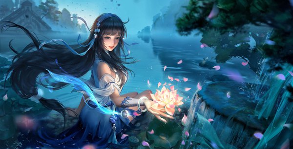 Anime picture 4032x2053 with honor of kings xi shi li miao single long hair fringe highres black hair smile wide image brown eyes absurdres sky outdoors blunt bangs arm up wind blurry realistic arm support