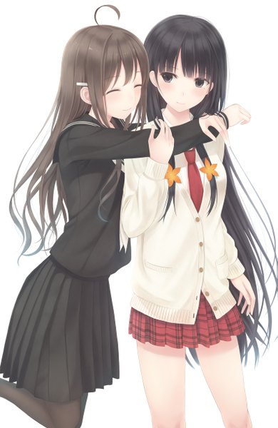 Anime picture 795x1222 with hinabita shimotsuki rin yamagata marika megimegyo long hair tall image black hair white background multiple girls eyes closed black eyes hug shoujo ai girl skirt uniform 2 girls school uniform serafuku