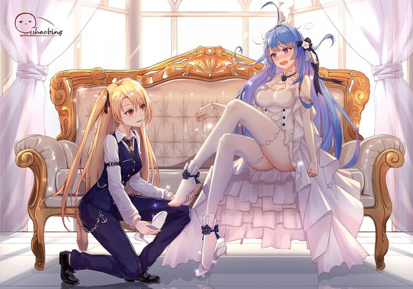 Anime picture 1920x1346 with azur lane cleveland (azur lane) helena (azur lane) cleveland (gentry knight) (azur lane) 5555 96 long hair blush fringe highres breasts open mouth blonde hair hair between eyes red eyes sitting purple eyes multiple girls signed blue hair looking away