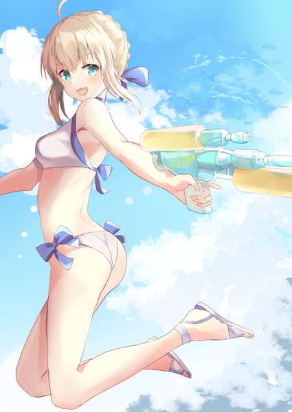 Anime picture 1032x1457 with fate (series) fate/grand order artoria pendragon (all) artoria pendragon (swimsuit archer) (fate) rarabyii single tall image blush fringe short hair breasts open mouth light erotic blonde hair smile hair between eyes bare shoulders holding green eyes payot