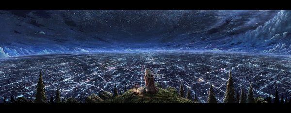 Anime picture 2697x1050 with original cola (pixiv) highres wide image cloud (clouds) braid (braids) night night sky letterboxed horizon cityscape landscape shooting star panorama plant (plants) tree (trees) cape grass lantern