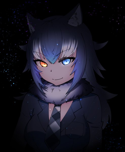 Anime picture 1736x2107 with kemono friends grey wolf (kemono friends) mangsangkkuing single long hair tall image looking at viewer highres blue eyes simple background smile animal ears payot purple hair upper body white hair multicolored hair two-tone hair orange eyes fur trim