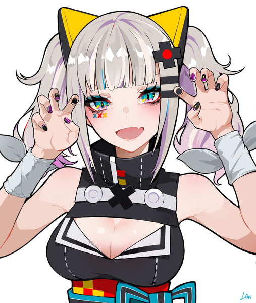 Anime picture 1266x1500 with virtual youtuber the moon studio kaguya luna lam (ramdayo) single long hair tall image looking at viewer fringe breasts open mouth simple background large breasts white background twintails signed payot cleavage silver hair upper body