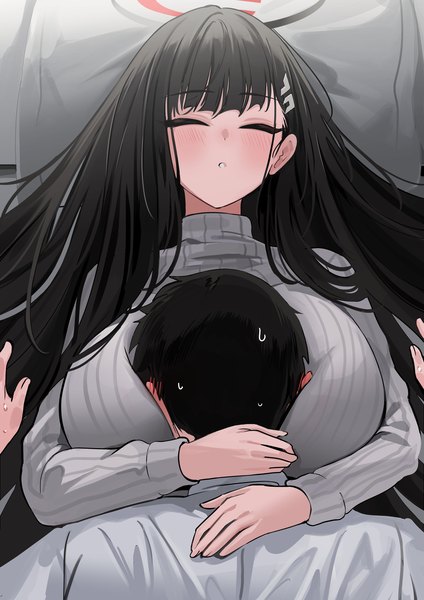 Anime picture 2480x3508 with blue archive rio (blue archive) yuki (asayuki101) long hair tall image blush fringe highres short hair breasts light erotic black hair large breasts lying blunt bangs eyes closed long sleeves parted lips on back hug