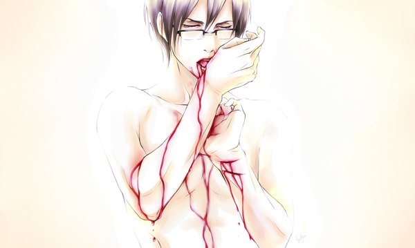 Anime picture 1864x1117 with original lorenamgrim single highres short hair open mouth simple background brown hair wide image grey eyes licking injury shirtless boy glasses tongue blood