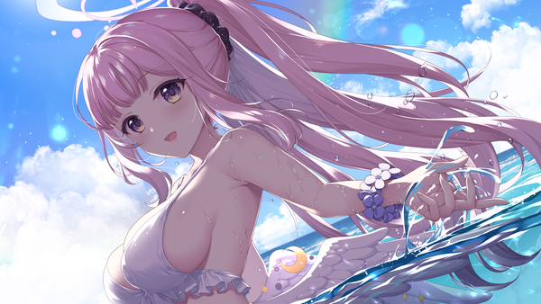 Anime picture 4096x2304 with blue archive mika (blue archive) alpha (yukai na nakamatachi) single long hair looking at viewer blush fringe highres breasts light erotic wide image large breasts signed yellow eyes payot pink hair absurdres sky cloud (clouds)