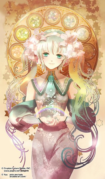 Anime picture 689x1172 with vocaloid hatsune miku yuu (arcadia) single tall image looking at viewer fringe hair between eyes twintails hair flower aqua eyes aqua hair girl dress flower (flowers) detached sleeves rainbow
