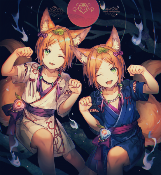 Anime picture 850x924 with ensemble stars! aoi hinata aoi yuuta shigaraki (strobe blue) tall image looking at viewer short hair open mouth simple background smile green eyes animal ears bent knee (knees) tail traditional clothes japanese clothes animal tail one eye closed wink orange hair